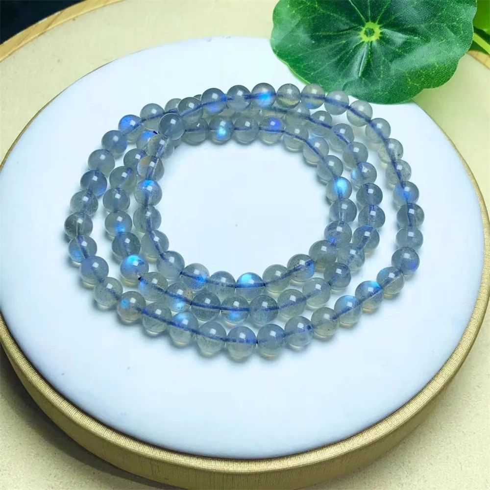 6MM Natural Blue Gray Moonstone Triple Circle Bracelet Women Beautiful Colorful Crystal Energy Healing Fashion Gemstone Jewelry