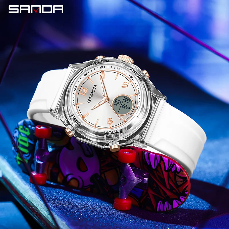 SANDA 6501 Fashion Students Digital Dual Display Watches Calendar Silicone Strap Multifunction Men Women Digital Wristwatch