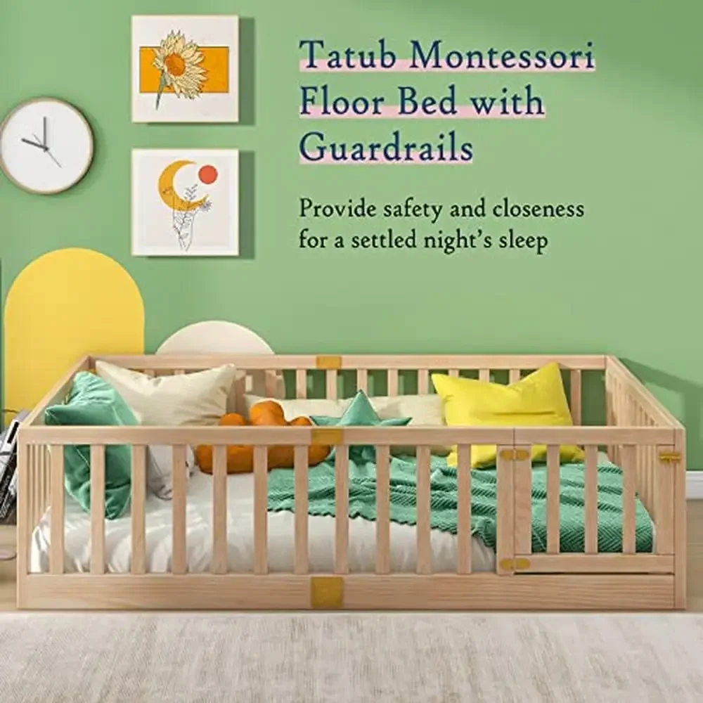 Montessori Full Floor Bed with Safety Guardrails Left/Right Install Door Kids Wood Frame Independent Sleep Space Bedtime Story