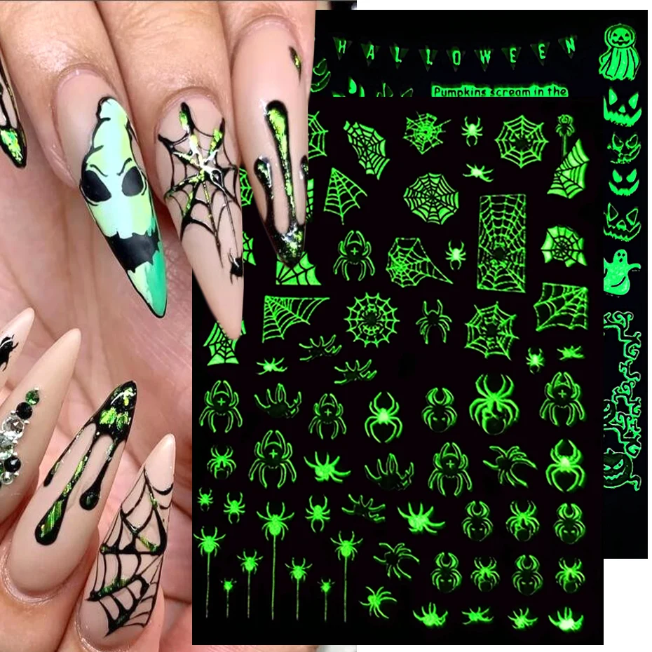 3D Luminous Nail Stickers Decals Black White Spider Web Skull Alien Planet Glow In The Dark Halloween Manicure Foils Tattoo Tips