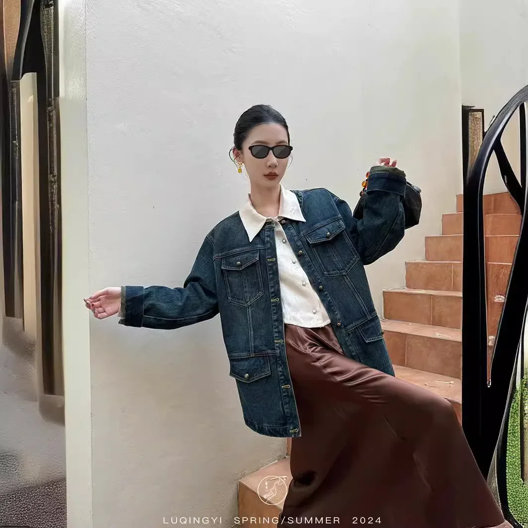 

Washed Vintage Women Denim Coat Street Trend Round Neck Loose Oversized Denim Jacket Long Sleeve Single-breasted Blue Jean Coat