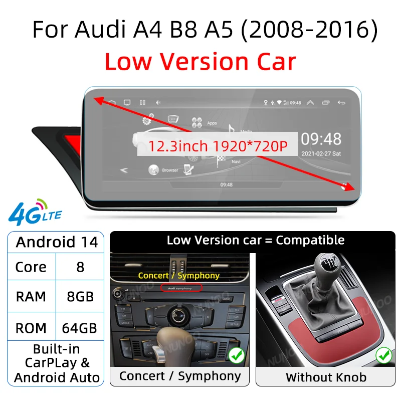 Android 14 Qualcomm CarPlay Draadloos Auto voor Audi A4 B8 A5 8K 2008~2016 MMI Auto Multimedia Speler GPS WiFi DSP