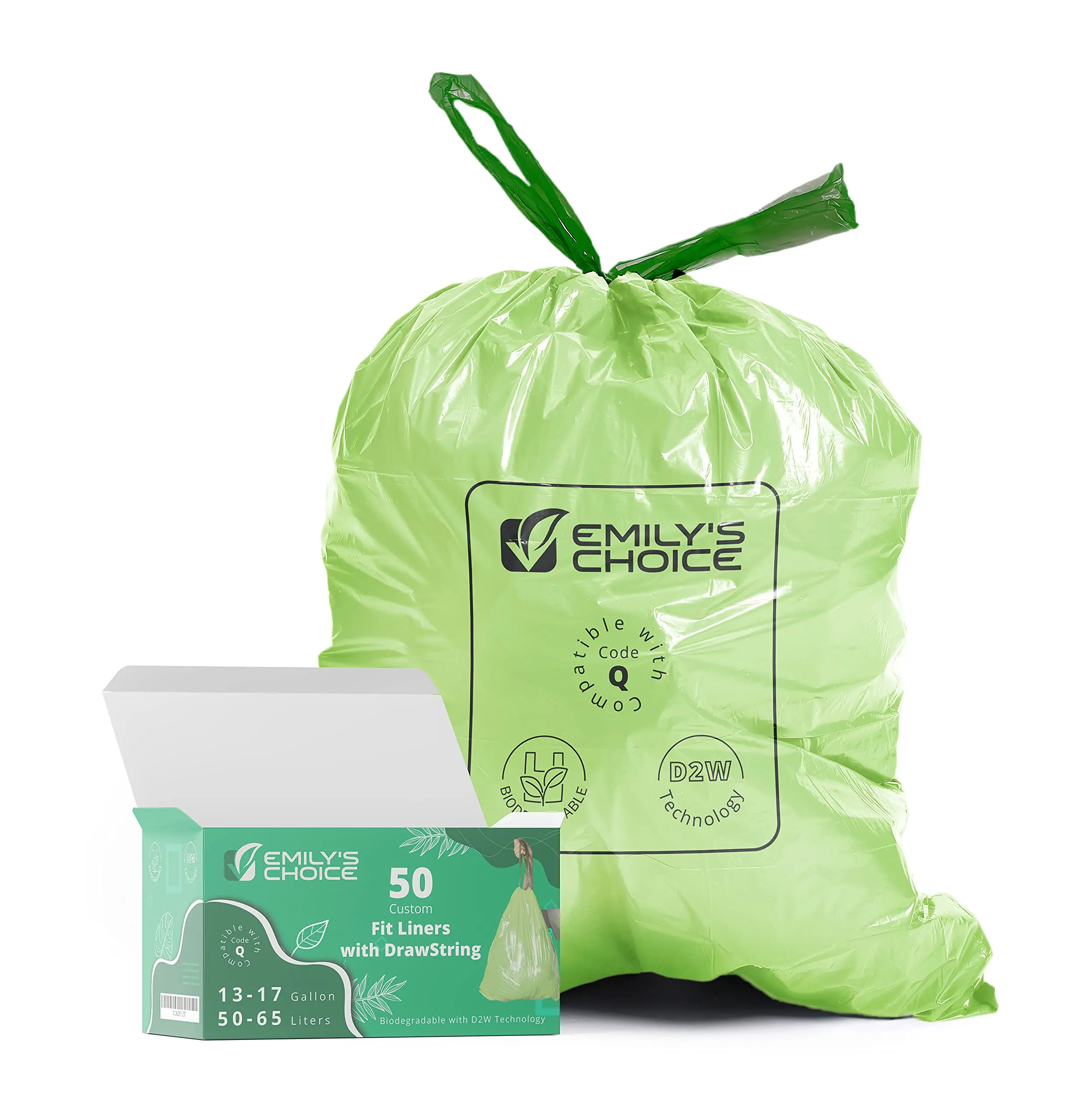 

50 Count Heavy Duty Biodegradable Tall Trash Bags, Compatible with Code Q Cans, 13-17 Gal for Office & Kitchen