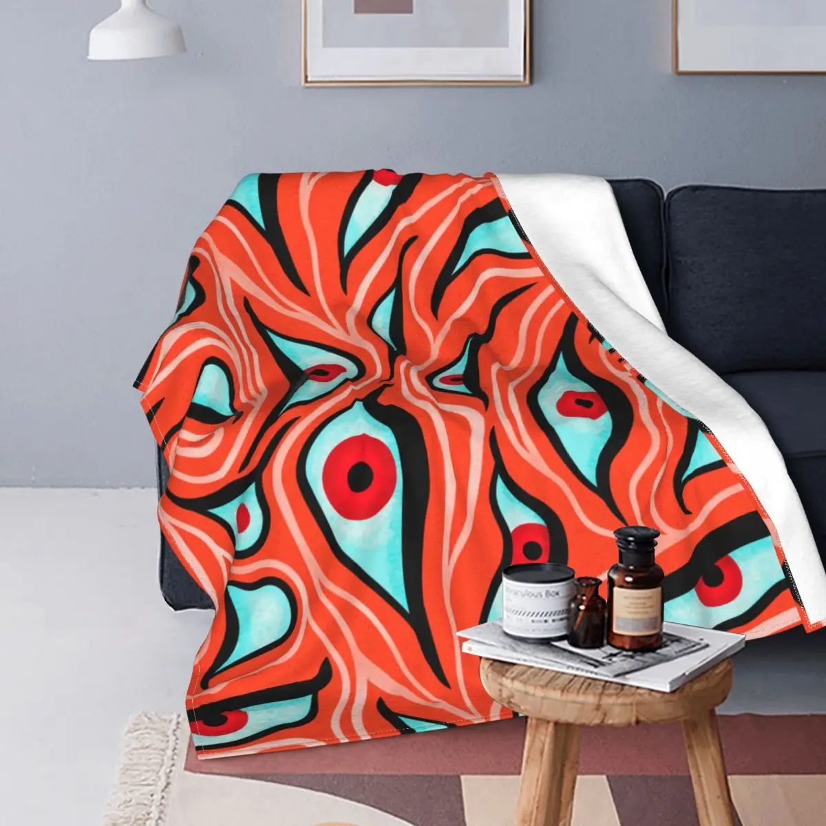 Evil Eyes Wavy Pattern Red On Orange Horror Blankets Flannel Summer Super Warm Throw Blankets for Home Office Bedspreads