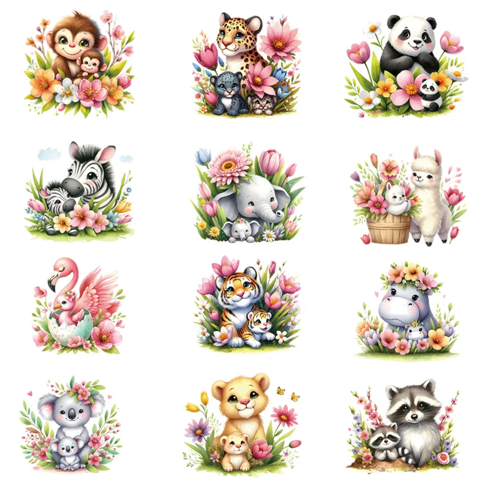 12slice Cartoon Animal mothers and their children Clothing Decoration DTF Thermo Sticker Decals Heat Transfer Clothes Clothing