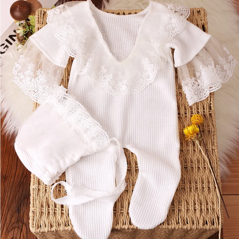 Ylsteed Newborn Photography Outfit Set White Lace Romper Bonnet Knit Lace Trim Hat Baby Girl Footed Jumpsuit Props-HD