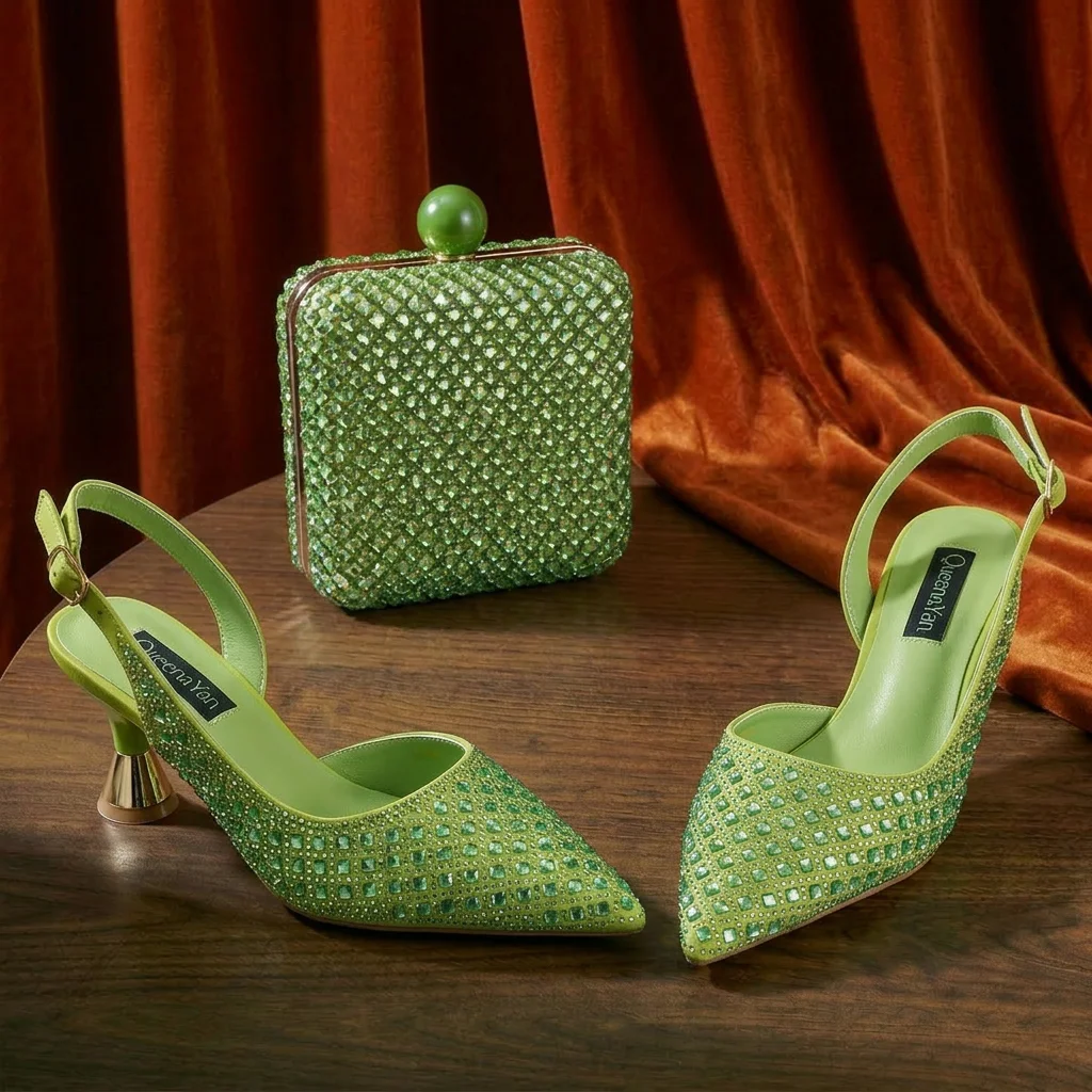 Queena Yan Italienisches Design Strass Luxus Grüne Farbe Spitze Schuhe & Taschen Set Damen High Heels für Partys Hohe Qualität