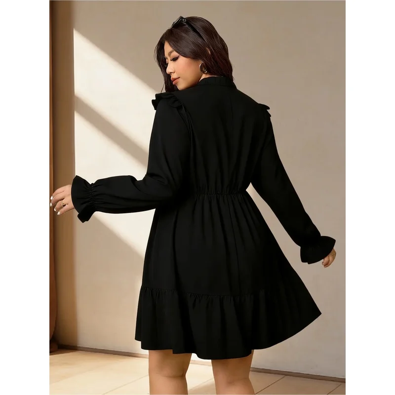plus Size Black Dress French Casual Elegant Gentle Style Stand up Collar Ruffled Edge Waist Cinched Tea Break Skirt view 3
