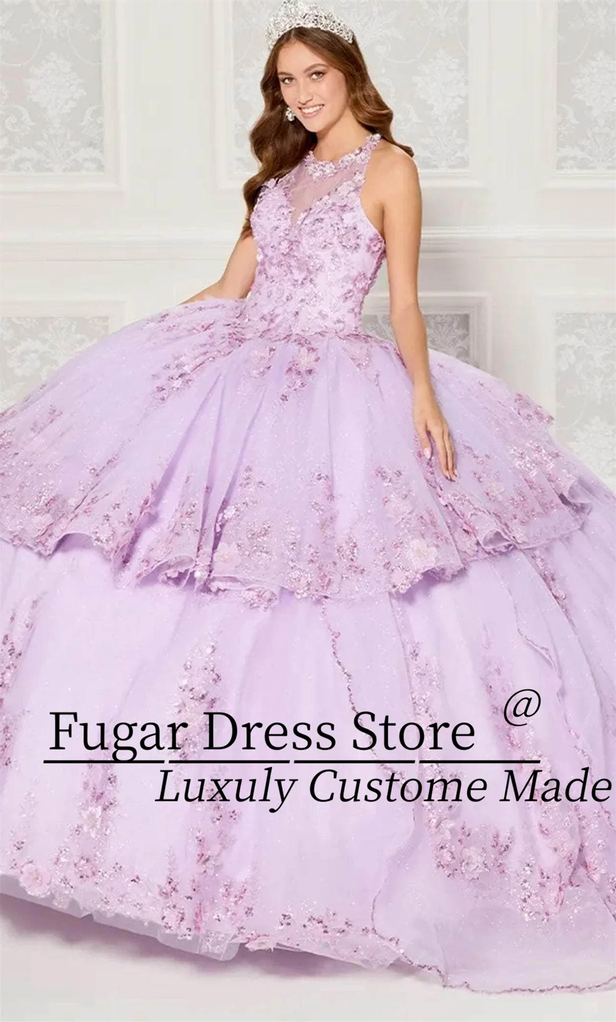 

Customized lilac Quinceanera Dresse 3D floral decals Asymmetric layered skirt Transparent shoulder strap Gown Vestidos De Novias