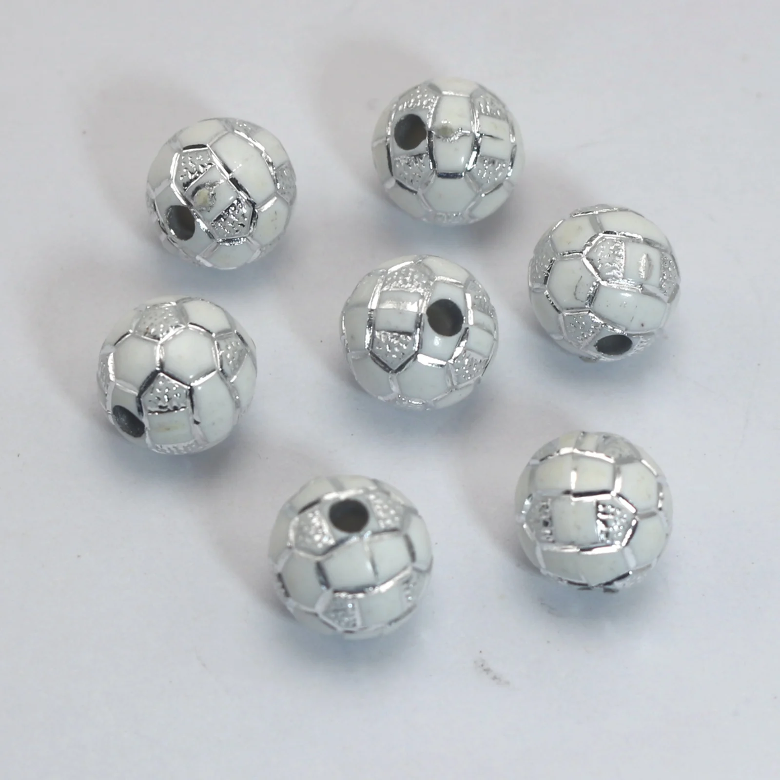 100 White Sparkling  Football Soccer Pattern Acrylic Round Beads 10mm