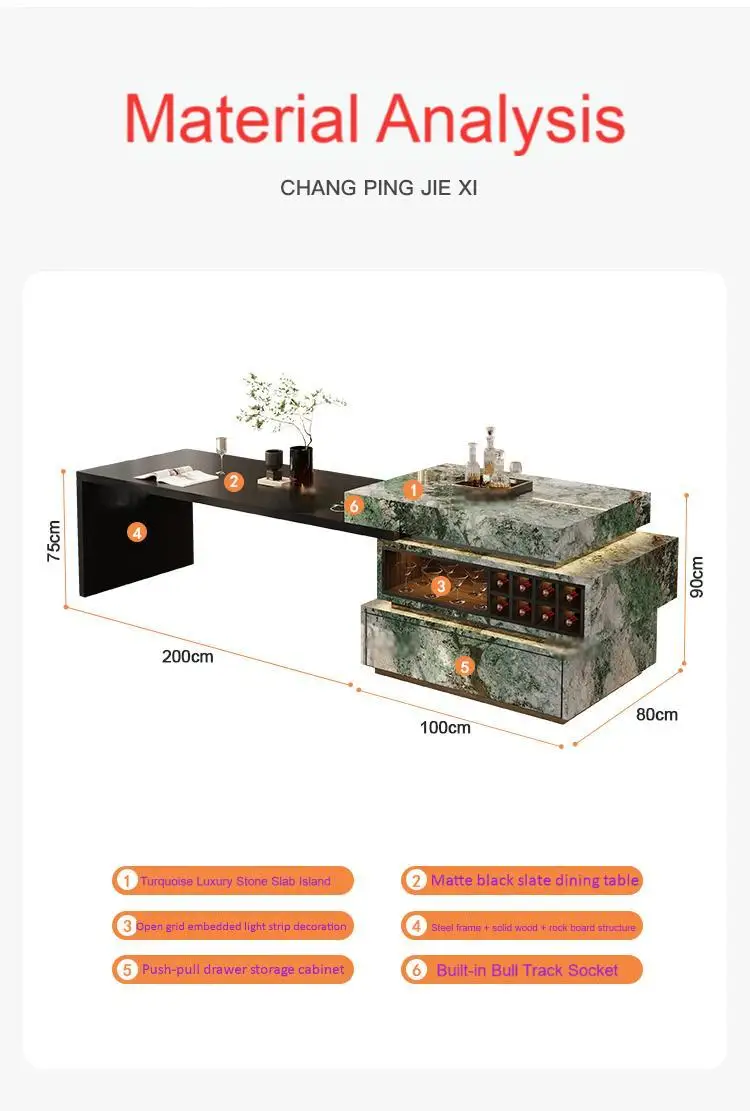 جزيرة مطبخ قابلة للتمديد من حجر الفيروز، مجموعة طاولة طعام وبار الإفطار، مقاومة للبقع ومتينة، تصميم عصري مخصص