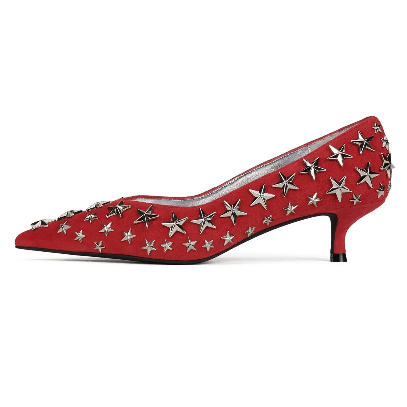 Summer New Women's Red/Black Suede Star Studs Decor Pumps Pointed Toe Kitten Heel Fashion Casual Street Style High Heels