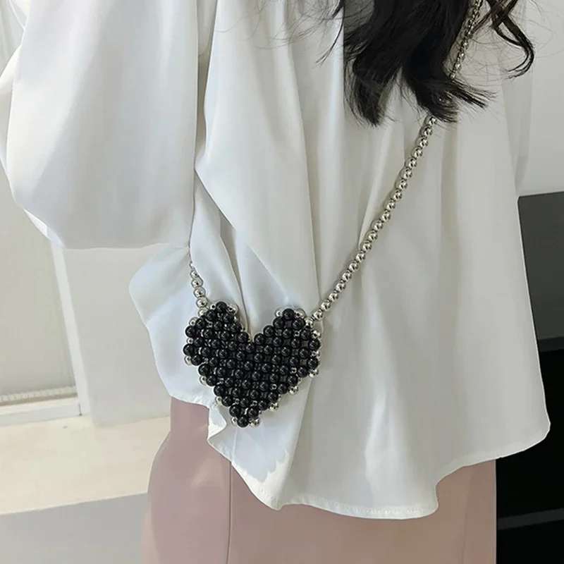 Handwoven Pearl Summer Silver Black Splice Beaded Chain Crossbody Bag for Woman New Fashion INS Love Design Mini Lipstick Wallet