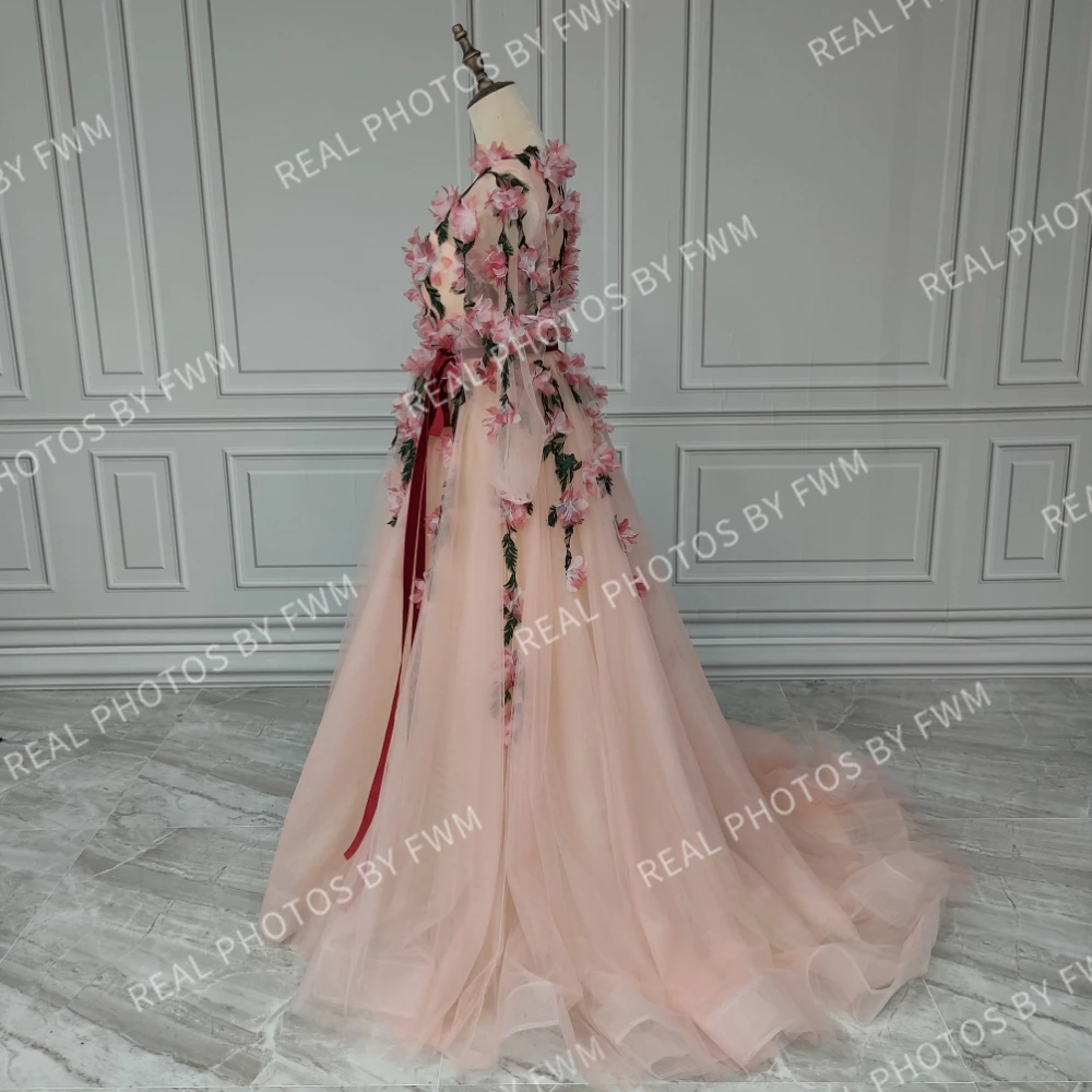 14252 #   Personalizado romântico mangas compridas com decote em v 3d flores tule a linha vestido de baile de formatura vestido de festa de casamento para mulher