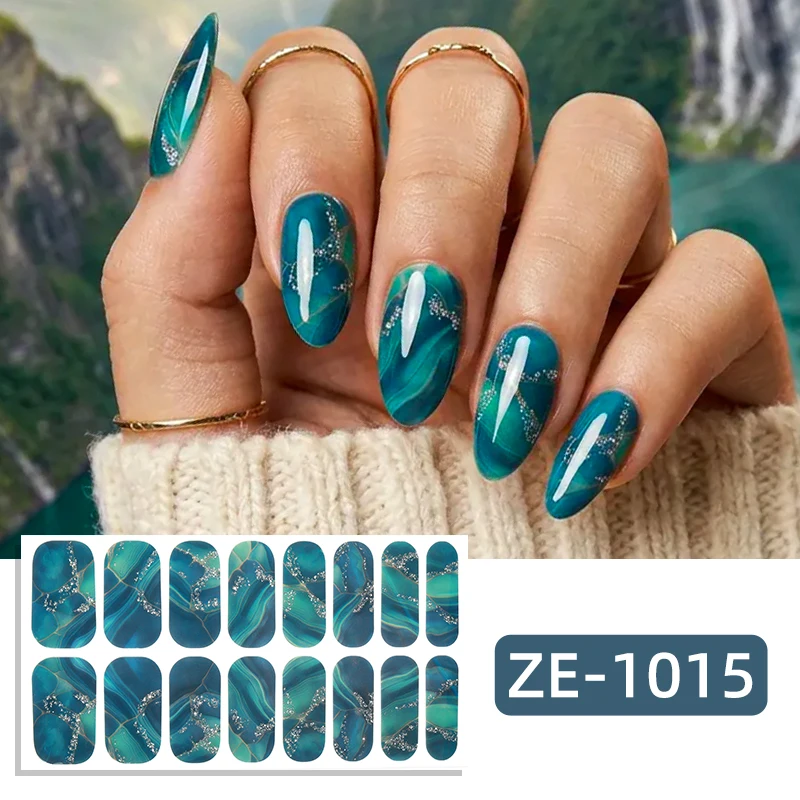 Adesivos de Unha de Cobertura Total com 16 Pontas, Tiras de Esmalte de Luxo com Efeito Mármore, Decoração de Unhas DIY de Longa Duração e Autoadesivas
