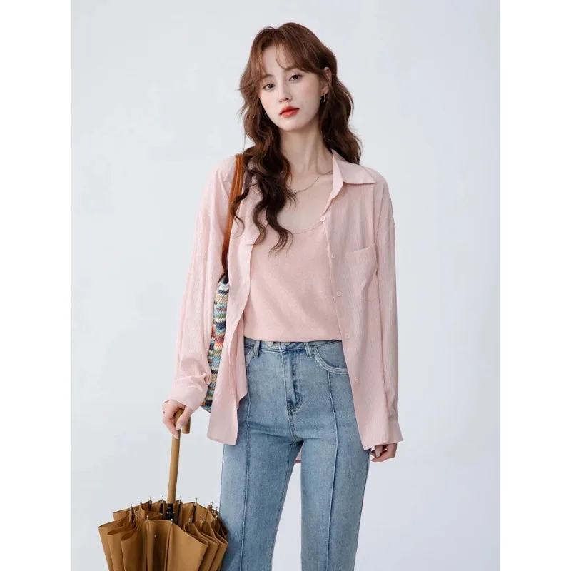 Women Pink Textured Sun Protection Shirts Lapel Loose Long Sleeve Blouse Elegant Chic Unique Design All-match Outerwear Daily