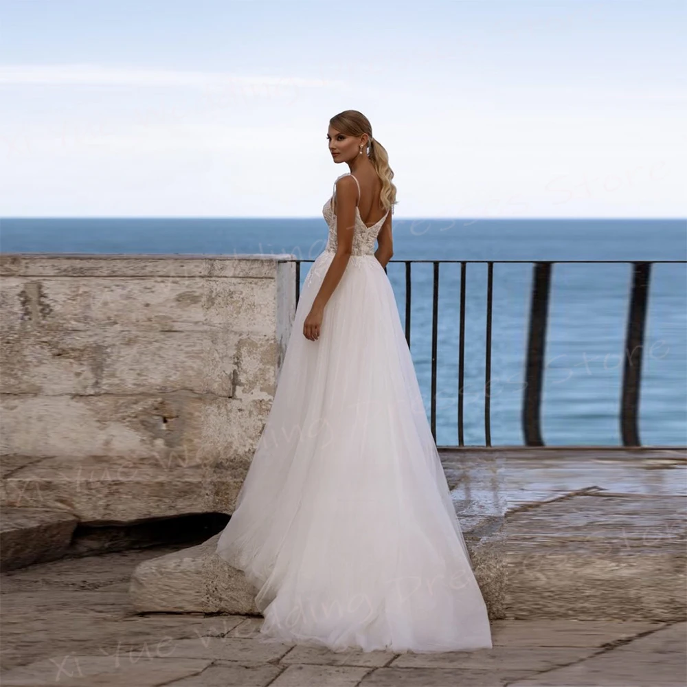 Vestidos De novia De línea A para mujer, vestidos De novia De encaje con apliques elegantes, Sexy, tirantes finos, cuello en V, Vestido De playa