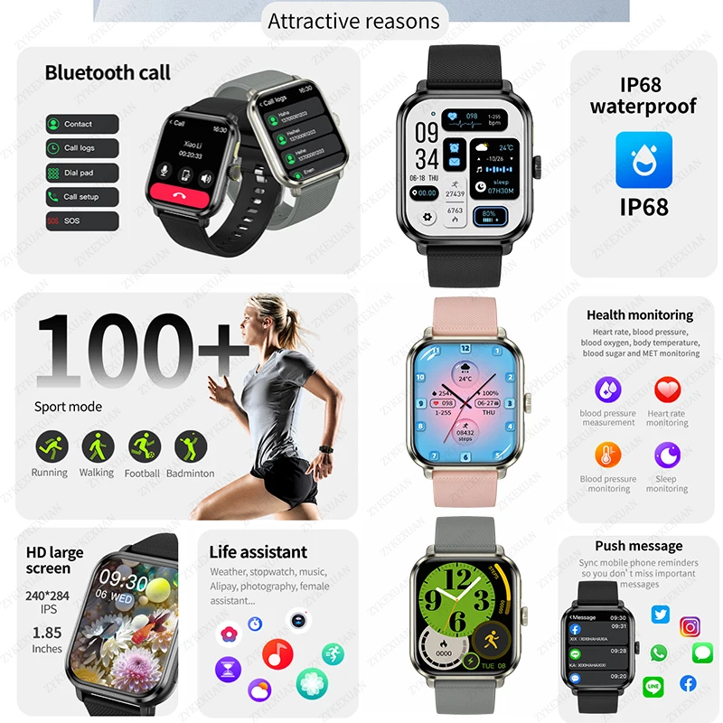 Smartwatch Sport Full Touch com Caixa para Homens e Mulheres, Relógios de Fitness, Chamada Bluetooth, Açúcar no Sangue, Presente, Tela 1.83 \