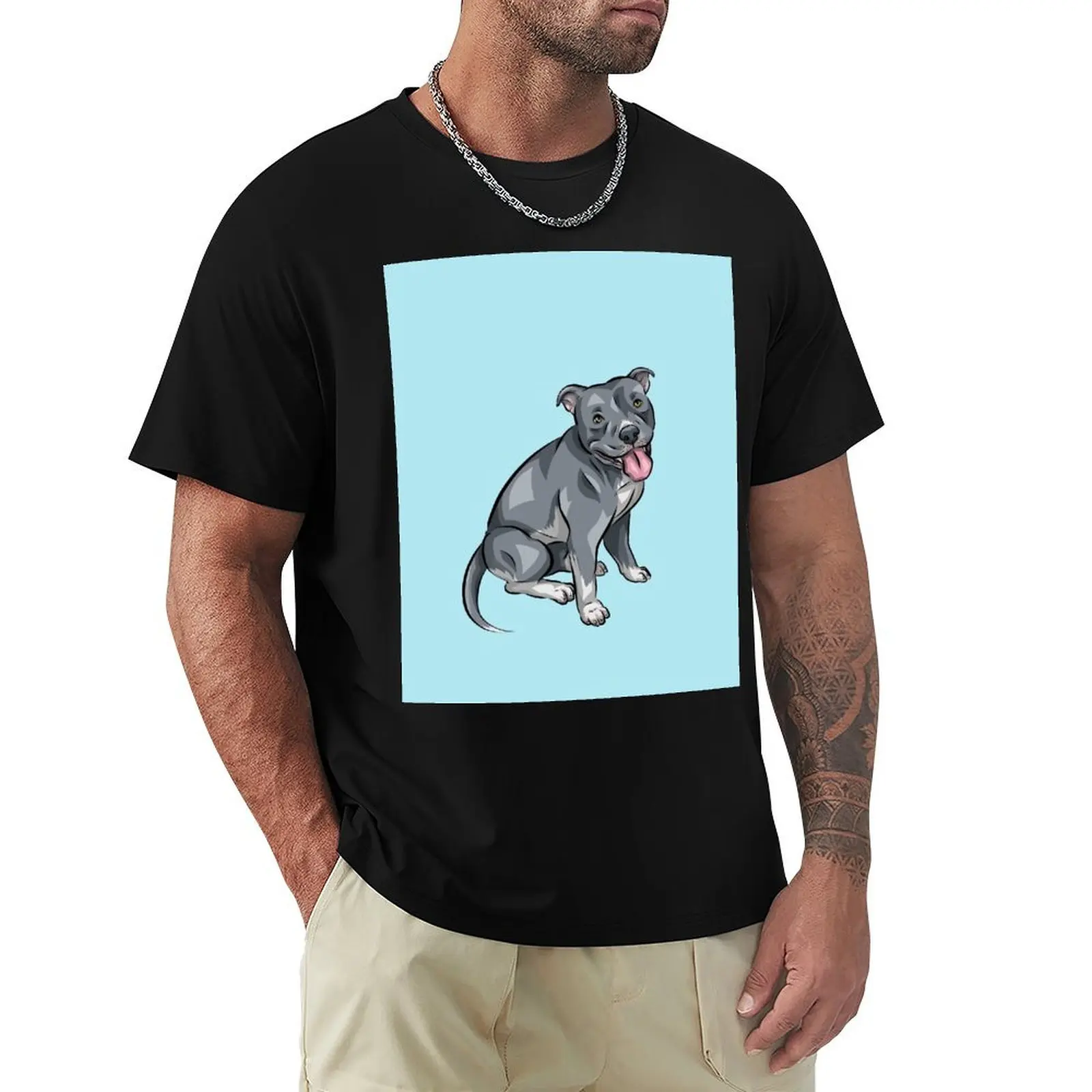 Camiseta azul con estampado de perro de dibujos animados, estilo casual, de manga corta, de la marca American Bully Merle