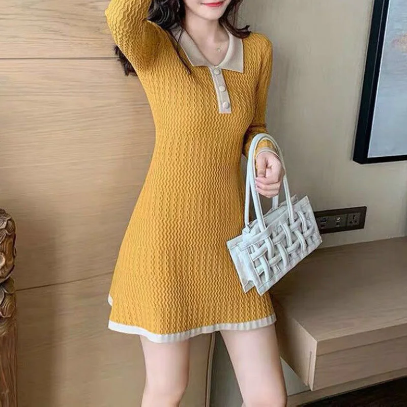 

Spring Autumn New Contrast Color Fashion Midi Dress Women High Street Casual Slim Knitting Dresses Elegant Button Chic Vestidos