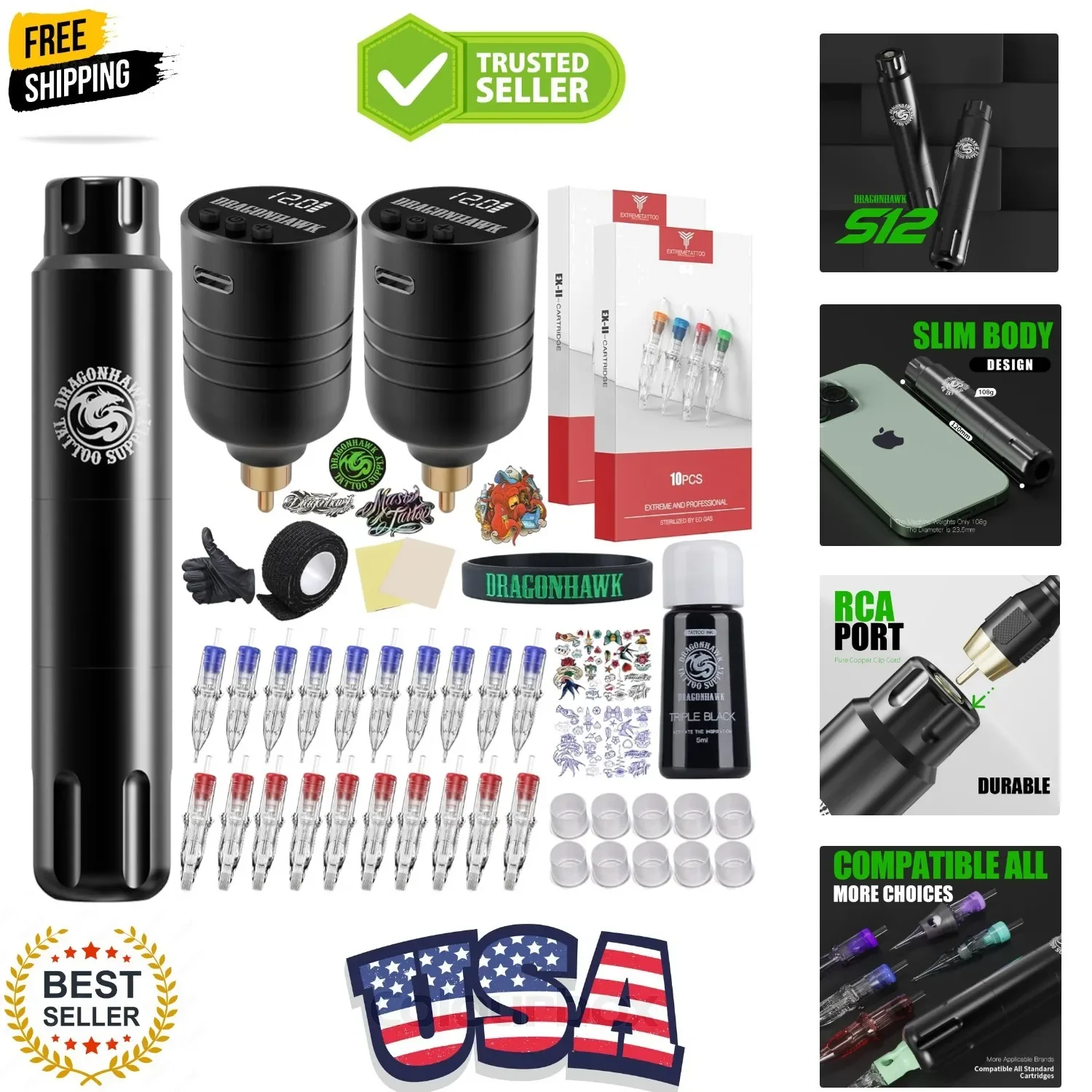 

Набор для татуировок: машинка для татуировок S12 (проводная/беспроводная роторная ручка) с 2 картриджами