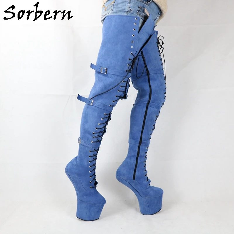 Sorbern Thick Shaft Crotch Thigh Boots Women Heelless Horse Heels Fetish Unisex Thick Platform Super Long Boot Custom Leg Width