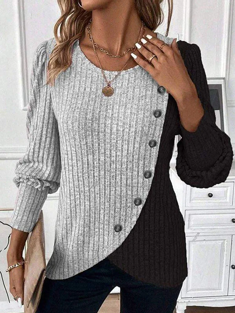 Autumn Long Sleeve Buttons Pit Striped Women Sweaters Contrast Color Long Sleeve O-Neck Pullovers Loose Simple Knitted Clothing