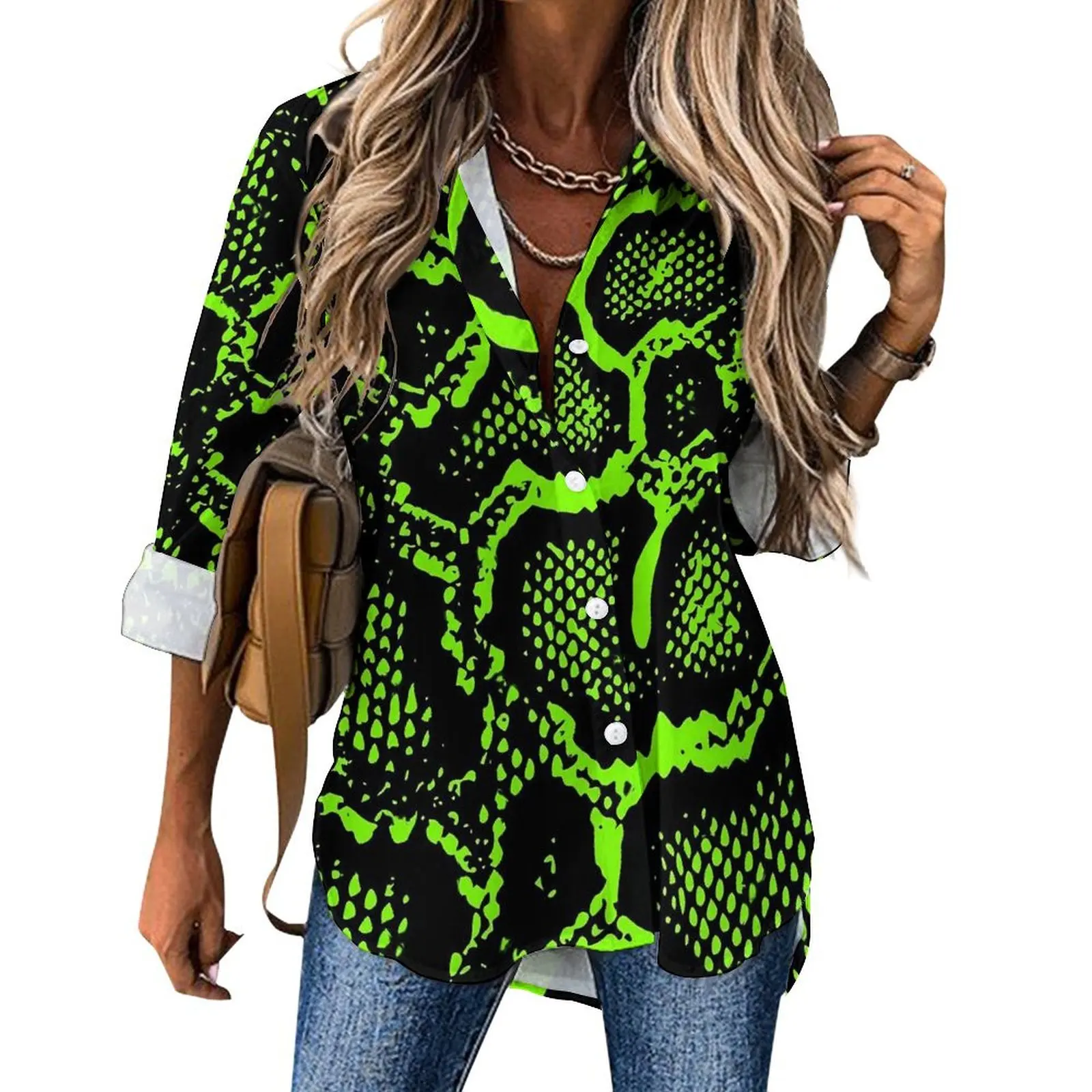 Green Snakeskin Loose Blouse Python Skin Print Casual Oversize Blouses Women Long-Sleeve Aesthetic Shirts Spring Design Top