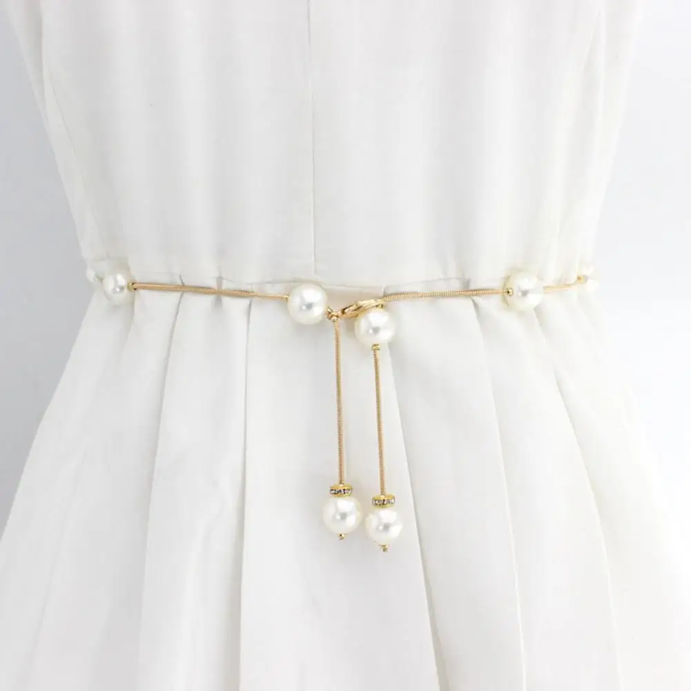 

Elegant Pearl Women's Belt Simple Adjustable Metal Thin Chain Belt For Ladies Dress Skinny Waistband Decorative Jewelry