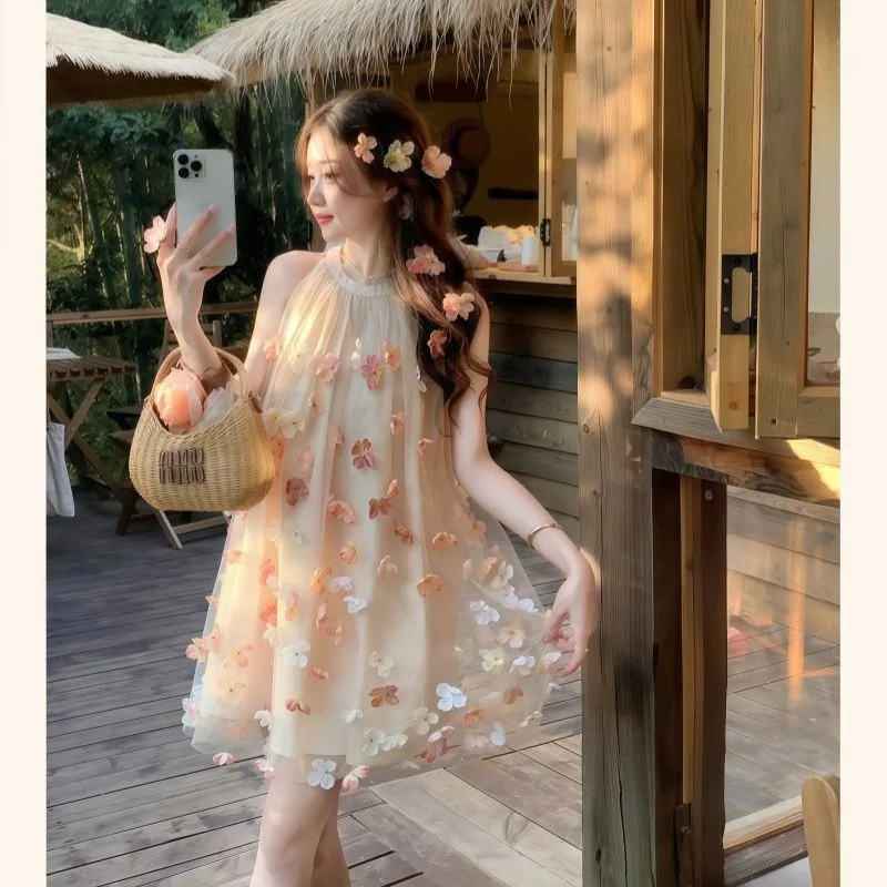 

MAGOGO【Flower God's Love】French Sweet Beautiful Three-dimensional Flowers Halter Dress Women Summer Birthday Princess Mini Dress
