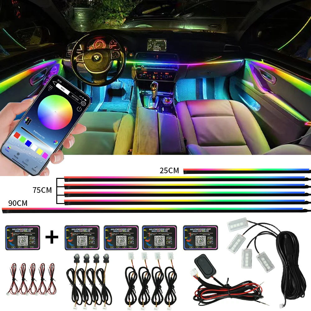 

Светодиодные внутренние окружающие освещение автомобиля RGB Symphony Streamer Радуга Акриловая светодиодная лента Украшение атмосферной лампы Комплект с помощью приложения 12 В