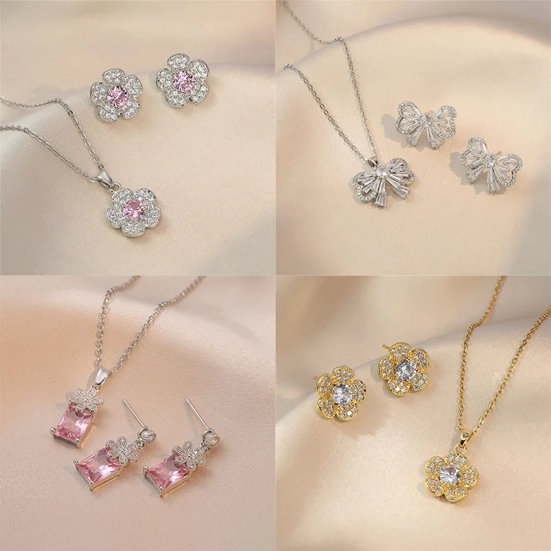 High Grade Square Flower Bow Zircon Jewelry Set Stainless Steel Chain Geometric Necklace Earrings Party Gifts For Women Girls