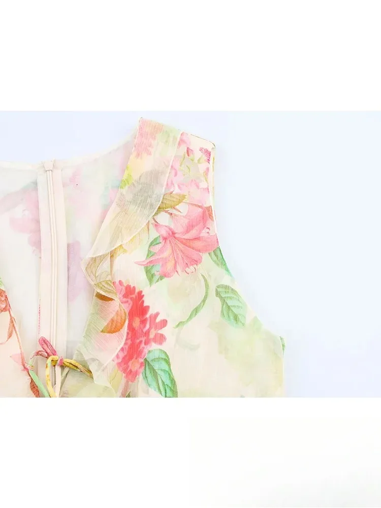 KONDALA セクシービーチシック レディースワンピース プリント Vネック ノースリーブ ジッパー ホローアウトワンピース 最新ファッション 2025 春夏 パーティードレス