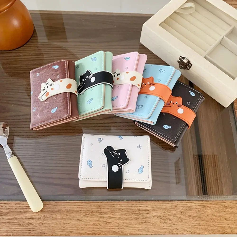 

Универсальный портативный кошелек с принтом кота, милый кошелек из искусственной кожи с рисунком кота, модный кошелек с несколькими отделениями для карт, тройной складной кошелек для женщин