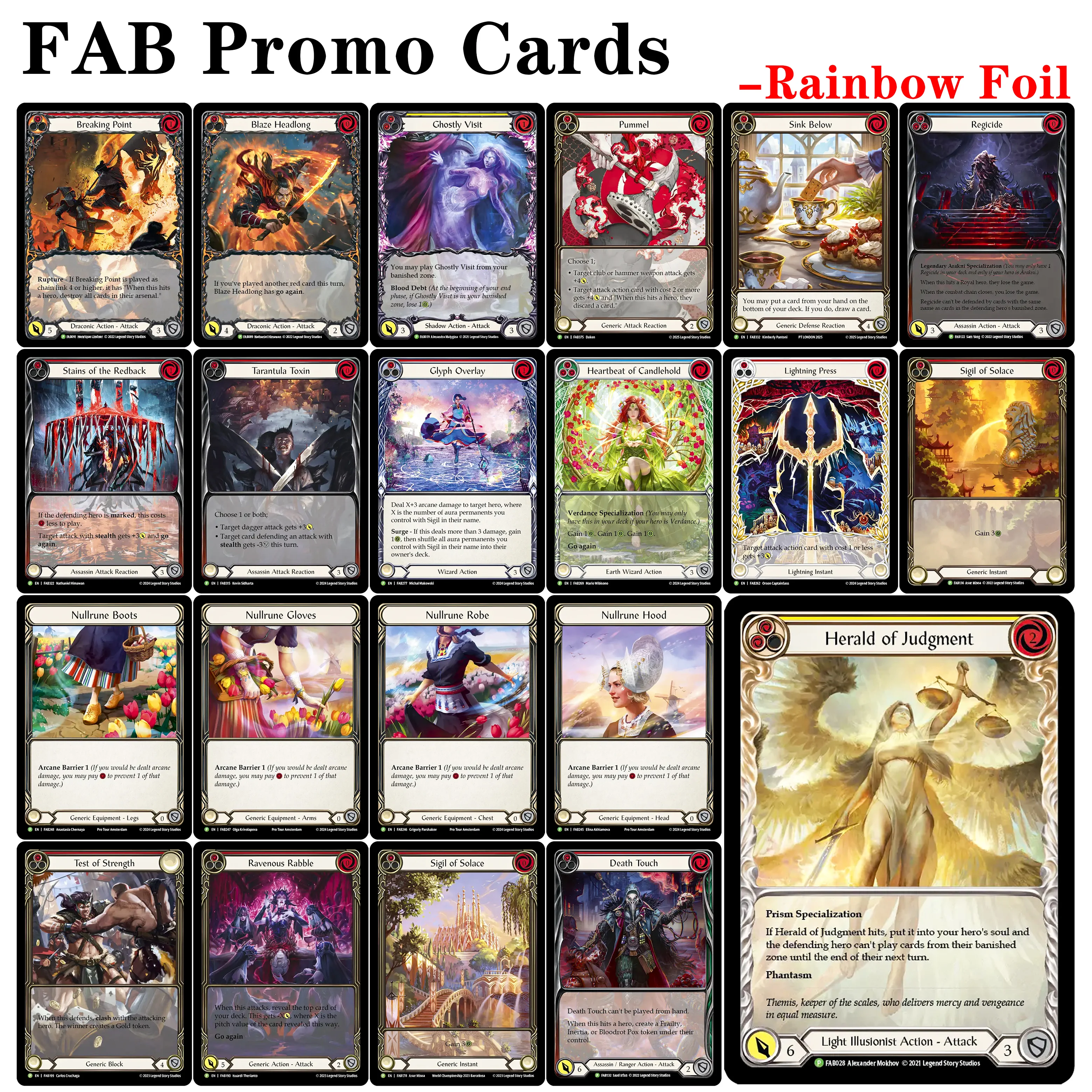 

Карты TCG FAB Promos Rainbow Foil: Herald of Judgment, Regicide, Wartune, Herald, Flesh and Blood (Легендарные/расширенные иллюстрации), прокси-карты