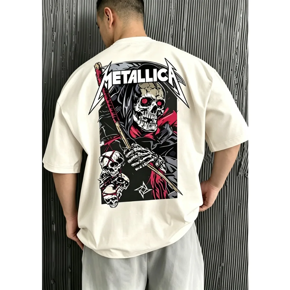 2026 New Unisex O-neck Short Sleeve T-shirt Back Red Eyes Skull Samurai Sword Dark Print Stacked Skulls