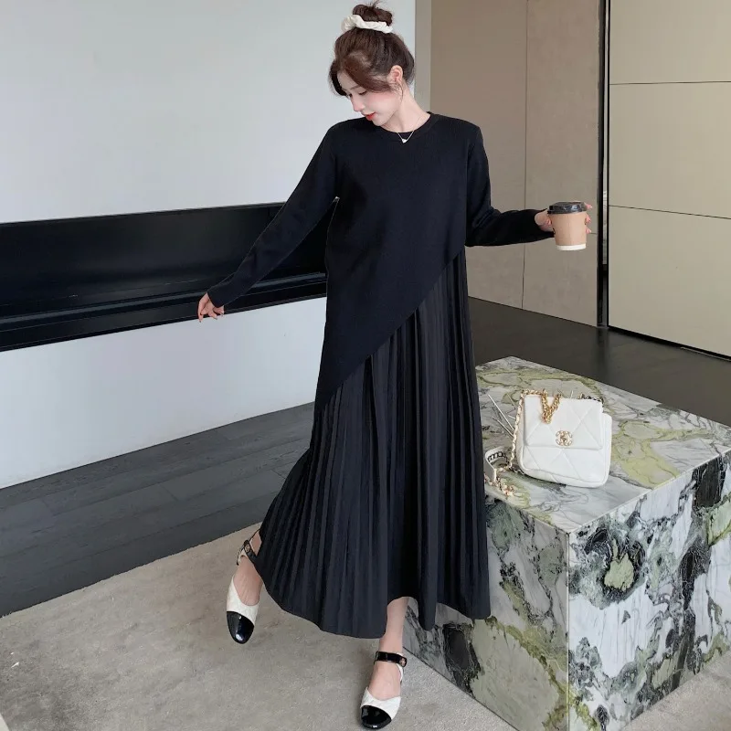 

Элегантное однотонное плиссированное платье с круглым вырезом и длинными рукавами в стиле пэчворк, весеннее женское платье, новое вязаное платье-свитер с высокой талией из 2 предметов