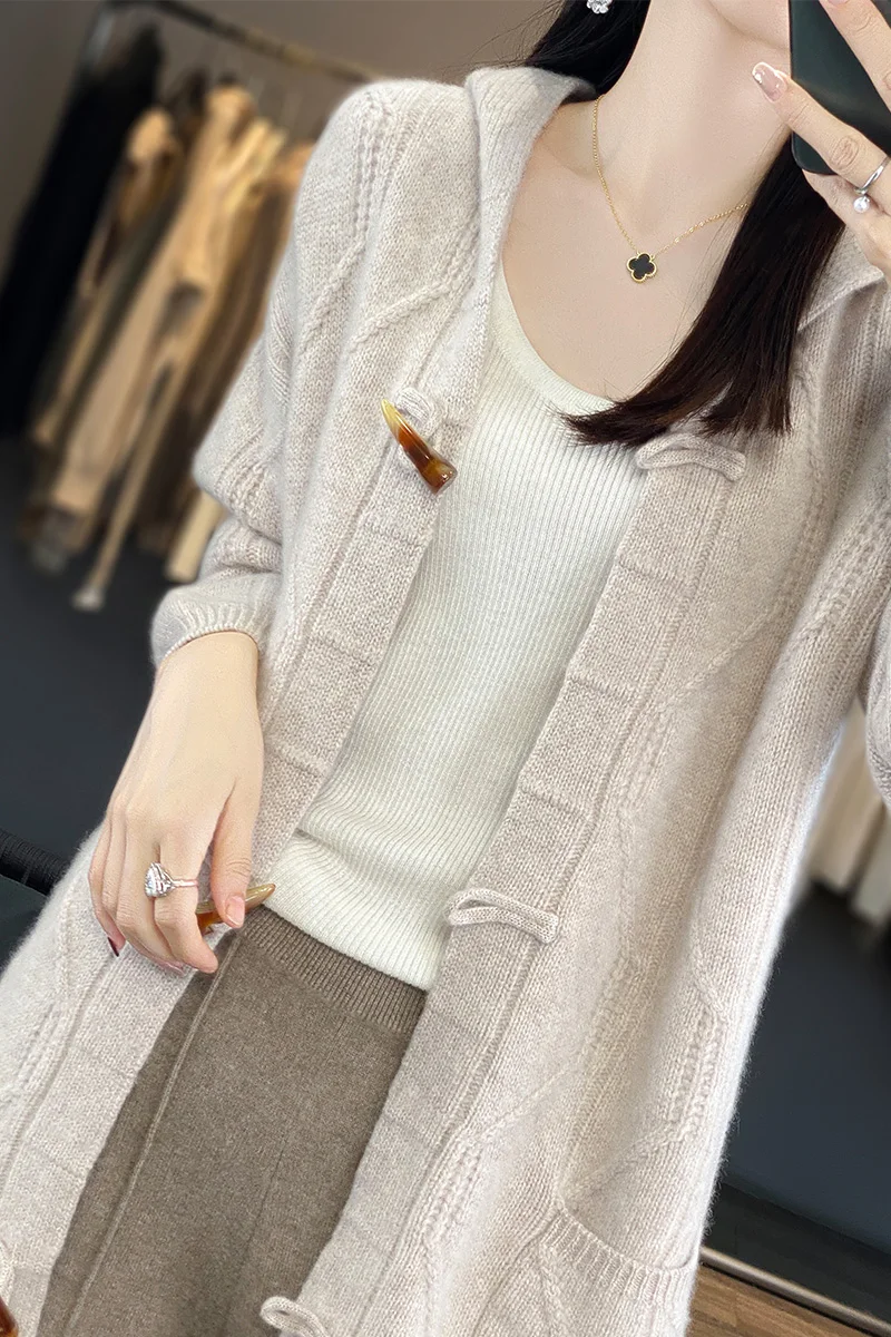 Women's Merino Wool Hooded Cardigan, 100% Merino Wool, Autumn and Winter Sweater, New Buckle Cable, Thickened, Official