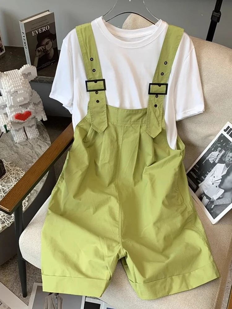 

Women's Summer Autumn Workwear Overalls Set Korean Style Small Size College Wind Top Wide Leg Shorts Two Piece Trendy