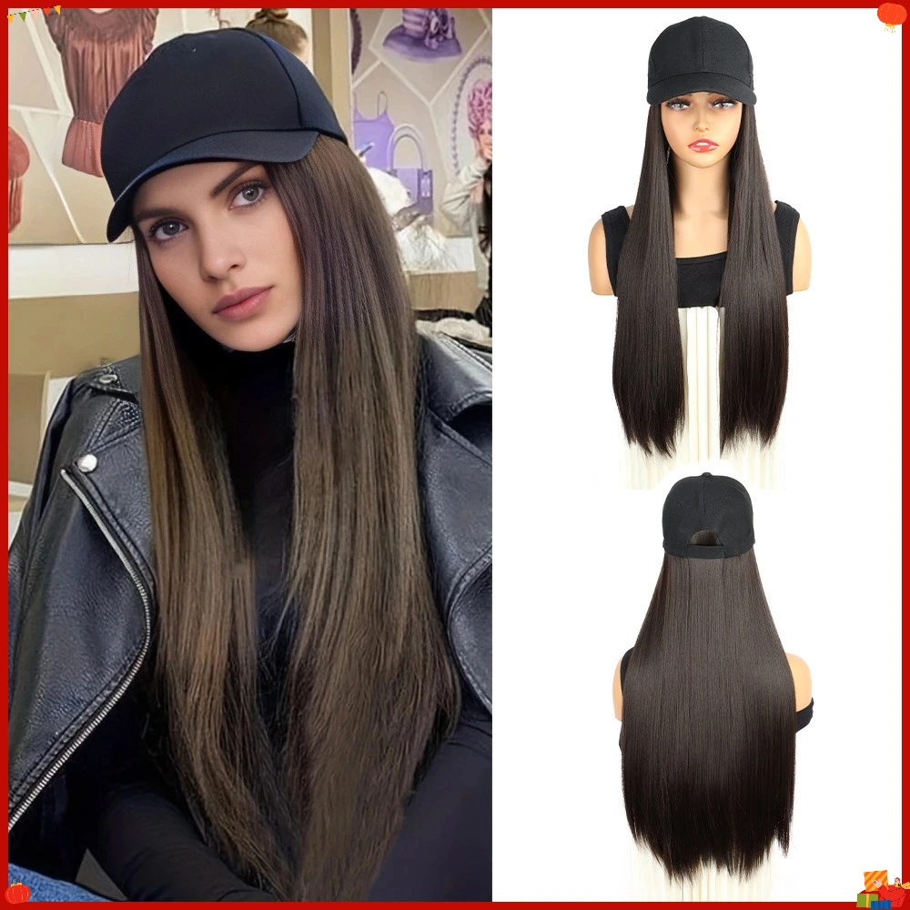 synthetic-long-straight-wig-hat-for-women-fashion-baseball-cap-with-fake-hair-one-piece-classic-duckbill-all-in-one-cosplay