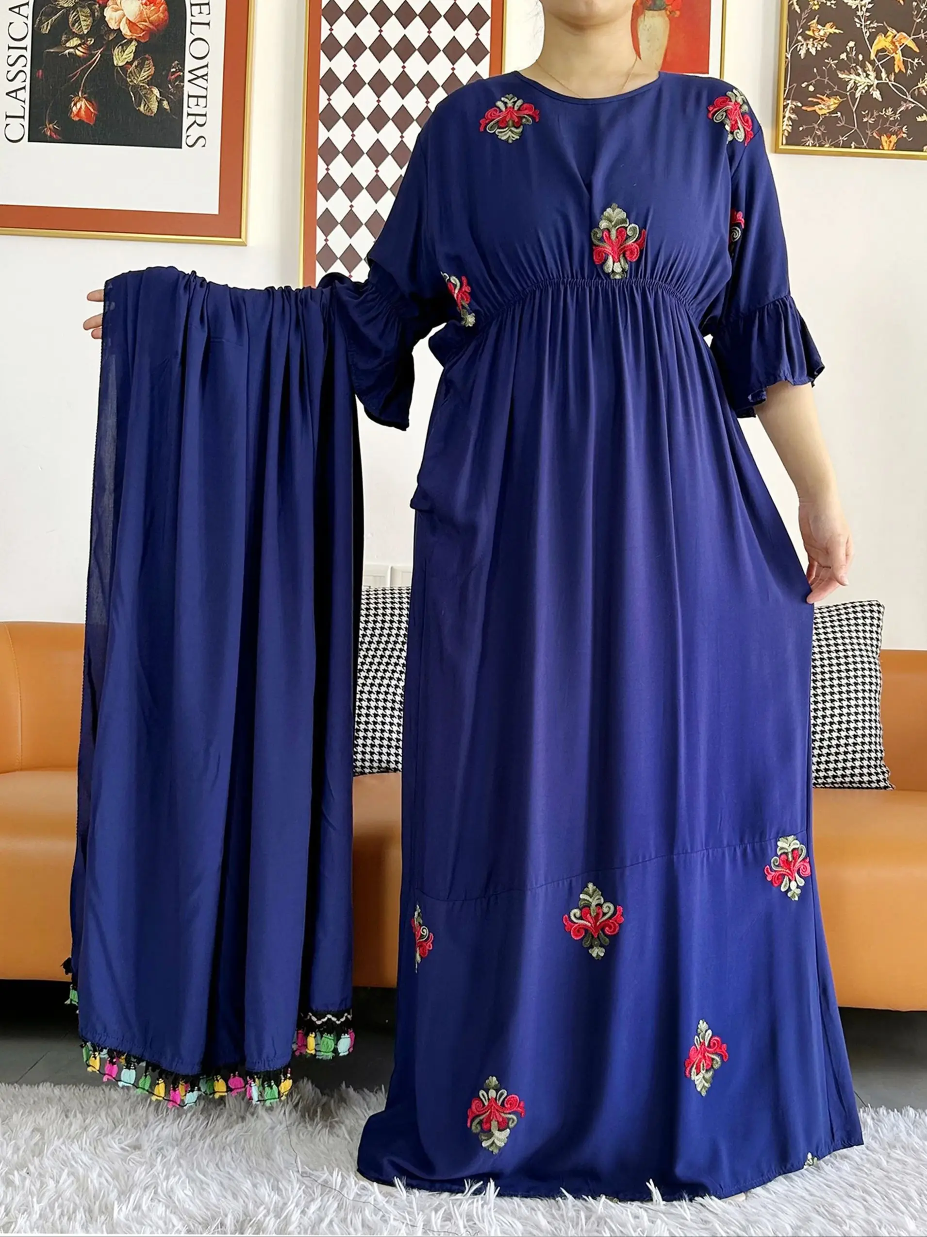 2024 African Lady\'s Eid Dress with Tassels Big Scarf Solid Cotton Loose Floral Boubou Maxi Islam Women Long Sleeve Abayas