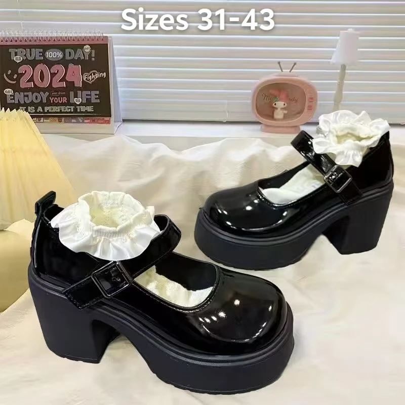 

31-43 Sizes Sweet Feminine Lace-Up Bow Mary Jane Pumps Chunky Heel Available Comfortable Footwear Fashionable Design