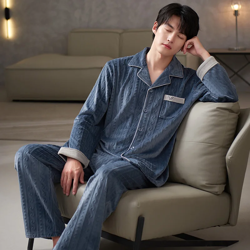Men's Pajamas Island Velvet Autumn Winter Male Pyjamas Homme Pijamas Sleepwear Long-Sleeve V-Neck Cardigan Lounge Sleep Set