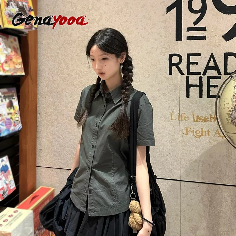 

Женская рубашка Genayooa Y2k в японском стиле, винтажный топ с коротким рукавом, уличная одежда, американская ретро-рубашка и блузка, серая рубашка, летняя модель