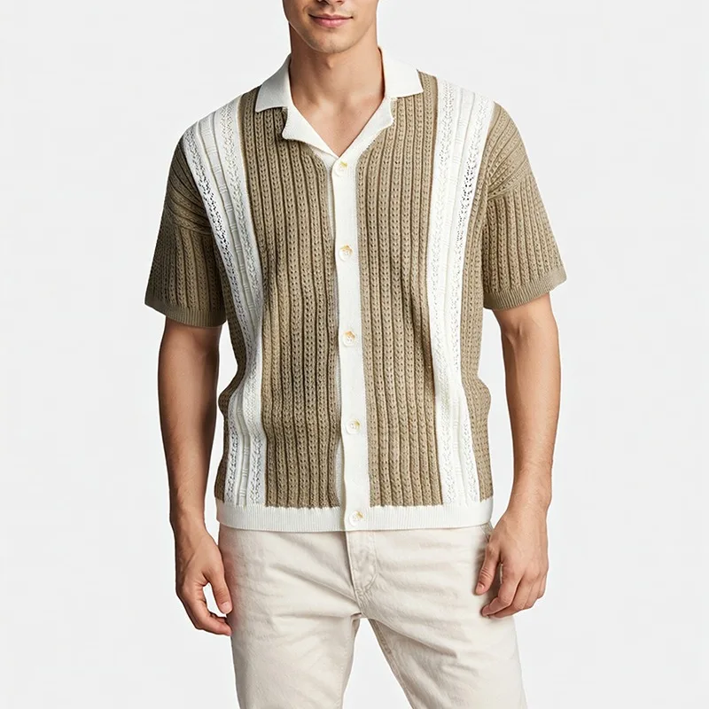 

KEXU Men's Summer Fashion Striped Short Sleeved Knitted Sweater Top with Contrasting Color Design Sense Lapel Sweater Cardigan