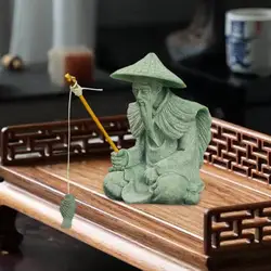 Retro Chinese Classical Fishing Old Man Resin Figure Statue Sitting Garden Ornament Fisherman Mini Figure Sandstone Statues