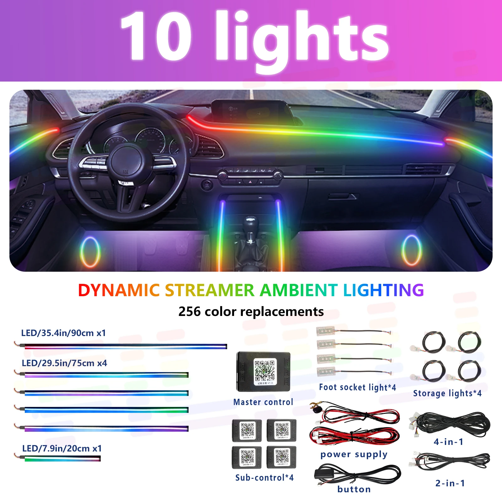 

64-цветная RGB симфоническая автомобильная полоса окружающего освещения, управление через приложение, внутренняя акриловая направляющая, светодиодная атмосферная лампа