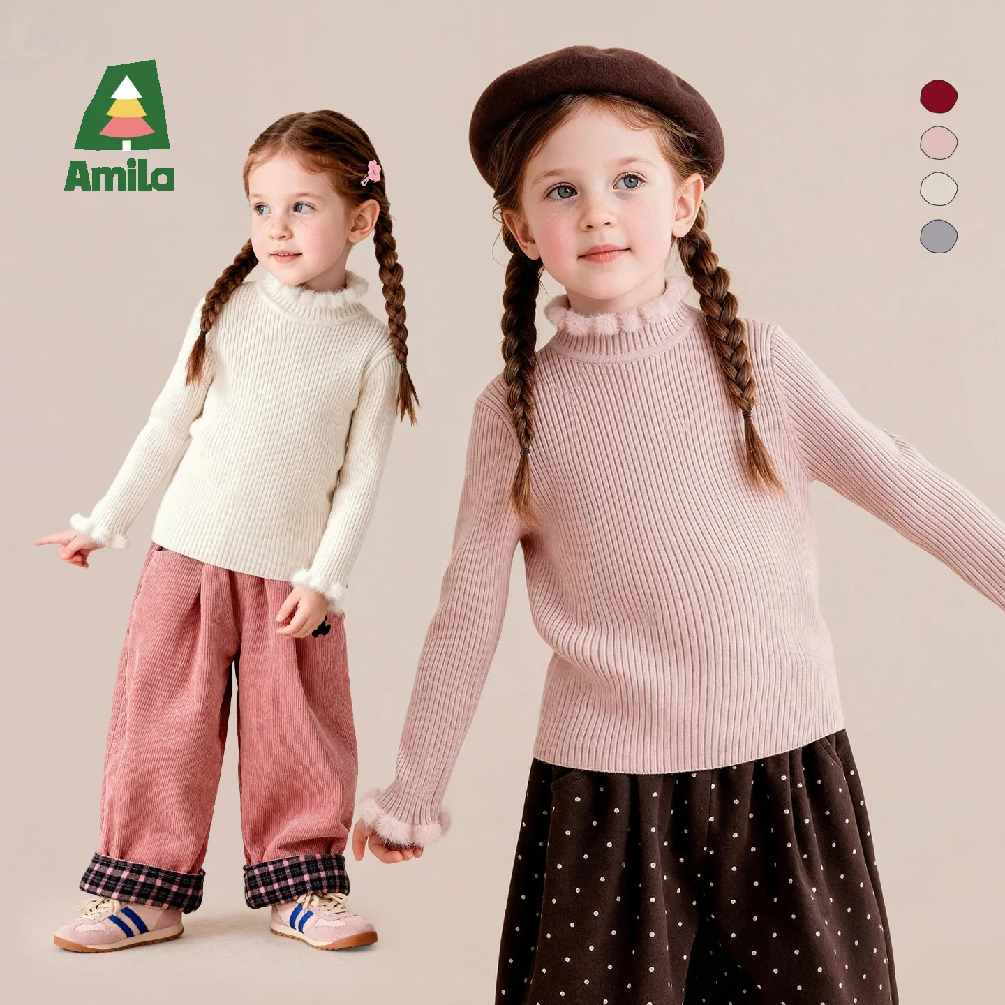 Amila 2026 Winter New Kids Sweater Half Turtleneck Solid Color Fleece Lined Warm Thermal Extra Soft Cozy Daily Knitted Top