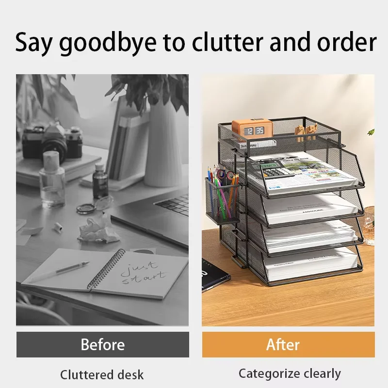 Large Capacity Desk File Organizer Rack, A4 Paper Holder Stand for Office Supplies, Books & Pens Storage Tray