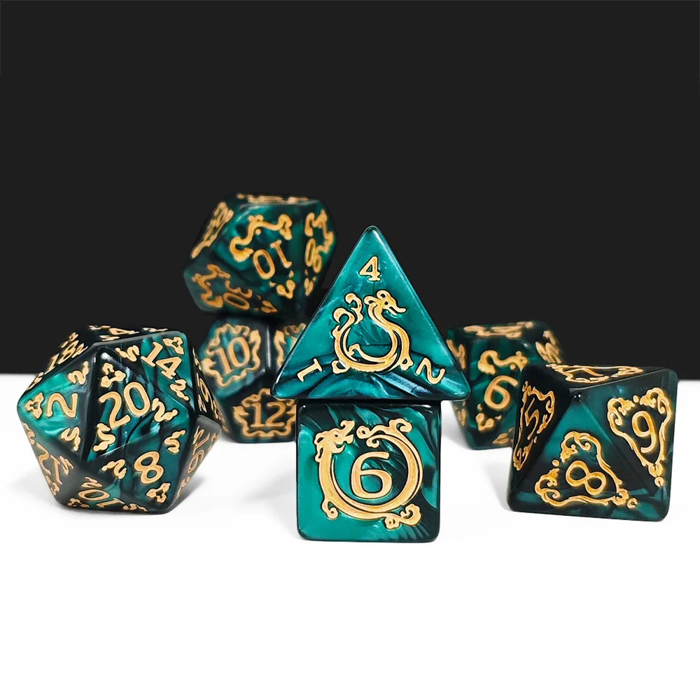 DND Dice 7Pcs/set Green Dragon Pattern Polyhedral Dices Role Playing D&D TRPG Board Game Dice As Gift Entertainment Accessories